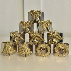 (10) VTG Silver Plated Napkin Rings Gold Tone Angel Xmas Tree Wreath Candy Cane